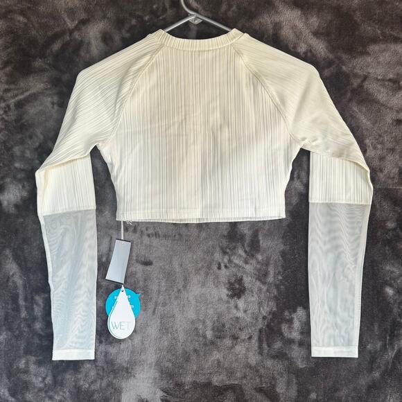 WET Sz Small Swim Shirt Rash Guard Cropped With Cups Ivory Mesh NWT - Picture 2 of 8